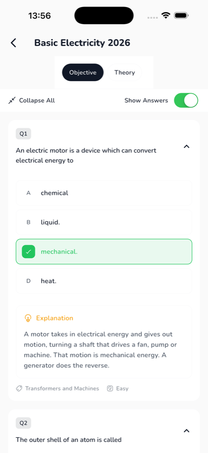 A question in Olevel with the answer marked and the explanation beneath