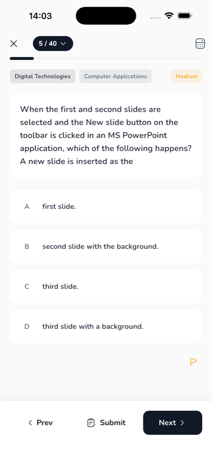 Practising a question in Olevel, showing progress, topic and difficulty